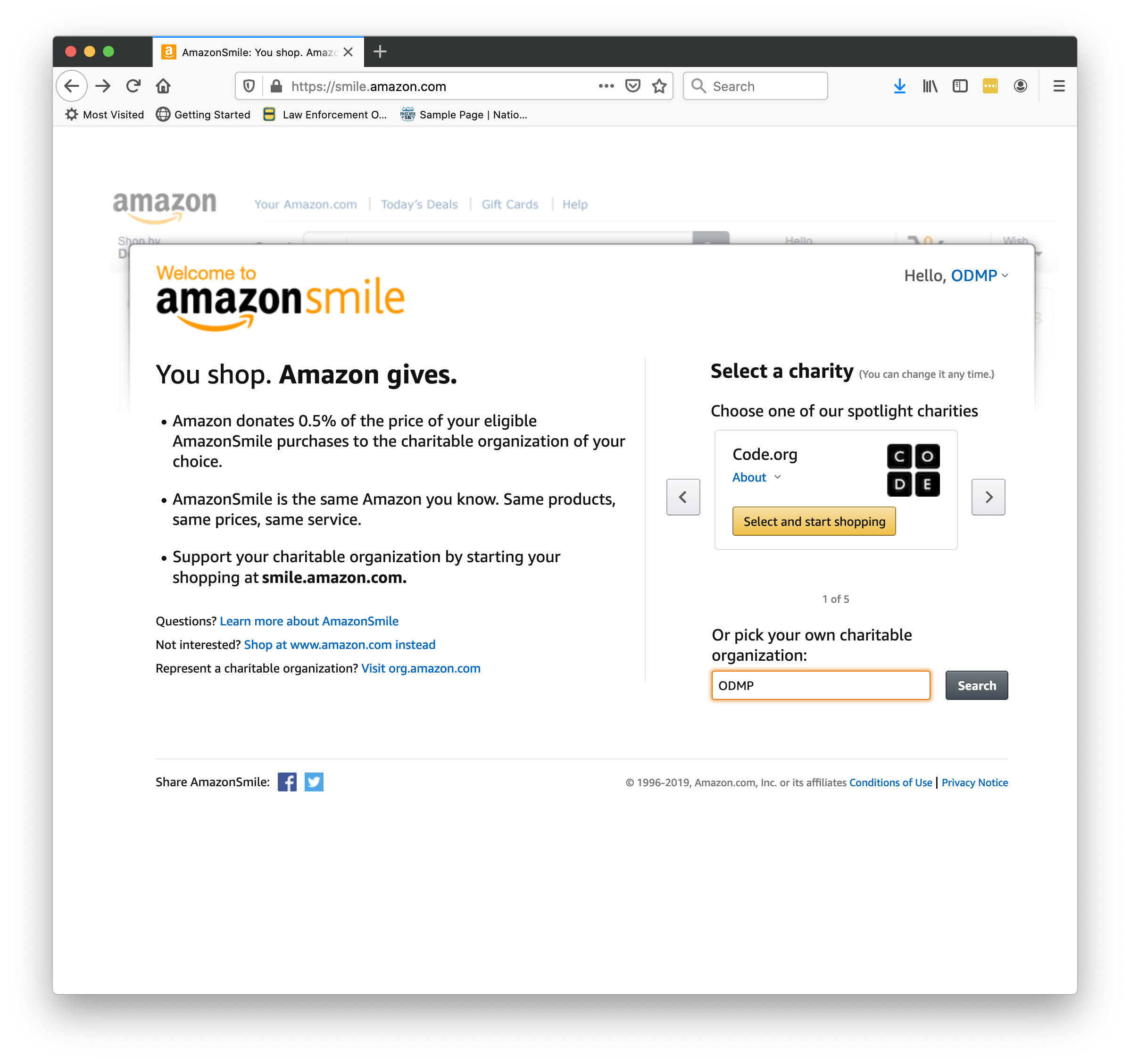 Screen one of ODMP AmazonSmile instructions
